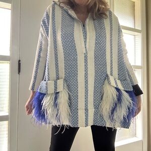 Brunch Jumper- Blue and White Striped poncho with Feather Trim